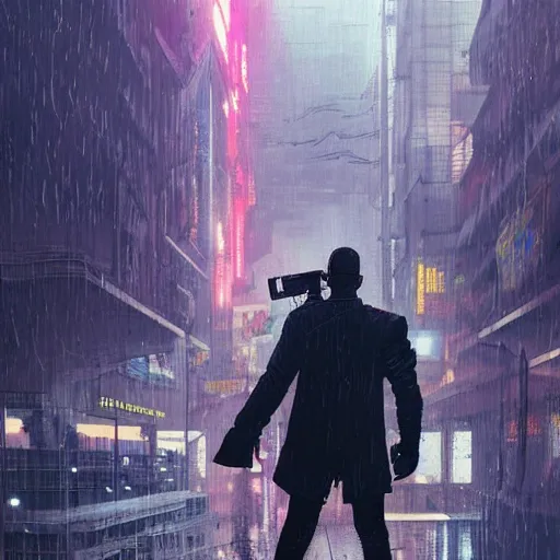 Image similar to a man holding a gun in a cyberpunk city the background is the cyberpunk city and it's raining close - up shot by greg rutkowski