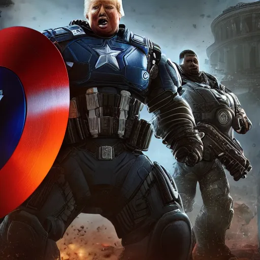 Image similar to Portrait! of President Donald Trump as ((captain america)) in Gears of War, splash art, movie still, cinematic lighting, dramatic, octane render, long lens, shallow depth of field, bokeh, anamorphic lens flare, 8k, hyper detailed, 35mm film grain