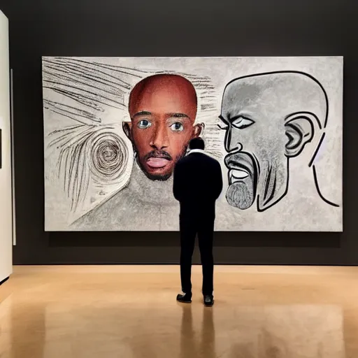 Prompt: a strikingly handsome bald 🧔🏿‍♂️ with a goatee viewing contemporary artwork at the Hirschhorn museum