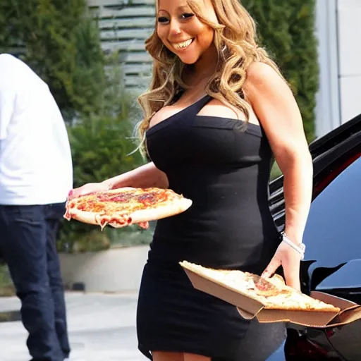 Image similar to mariah carey eating pizza, outside in parking lot