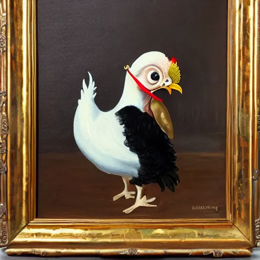 Image similar to a chicken butler with a fancy mustache and a monocle, highly detail, oil painting , accurate anatomy,