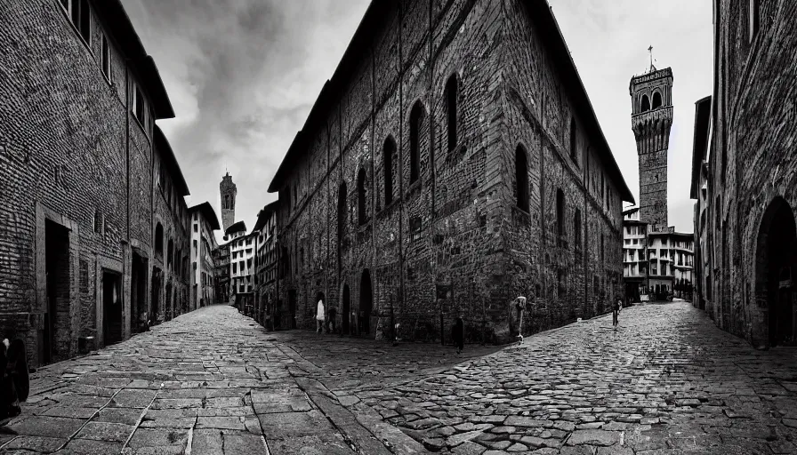 Image similar to florence old street in 1 6 th century with a tower in background, line art, black and white, dramatic lighting, cinematic composition, concept art