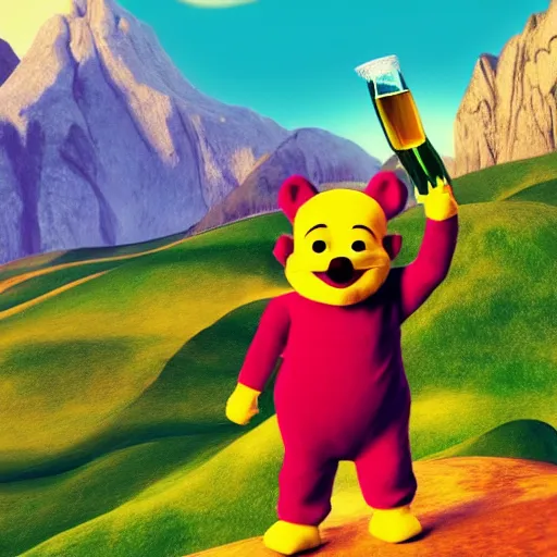 Image similar to A teletubby at the top of a mountain, scenic view, holding a beer!!, digital art, gta 5 cover art, trending on artstation