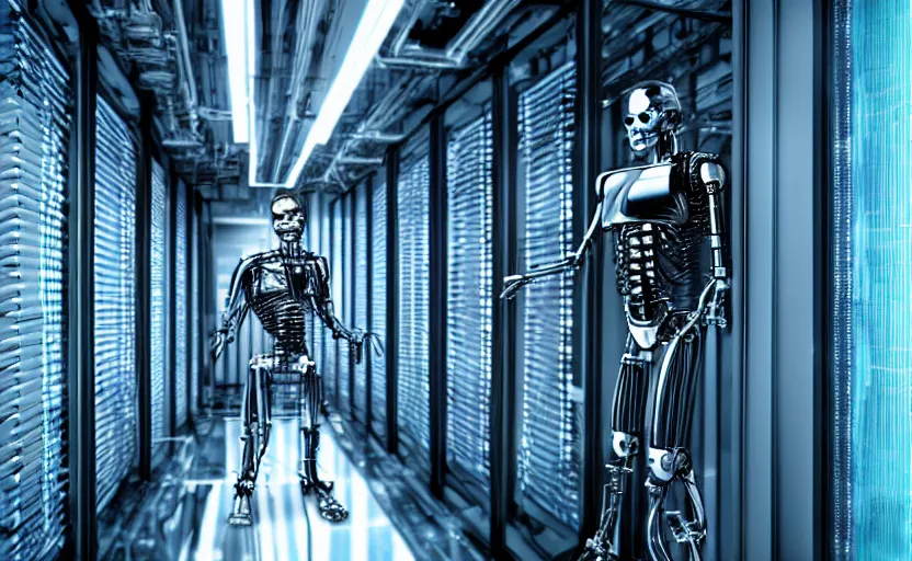 Image similar to terminator without flesh, staying in front of data center room. extreme long shot, high detail, cinematic colors