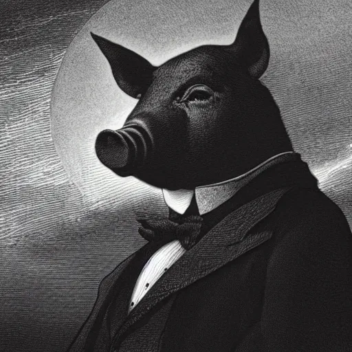 Prompt: closeup portrait of an pig in a tuxedo, dramatic lighting, creepy, farm background, moon, chiaroscuro, high detail, illustration by gustave dore