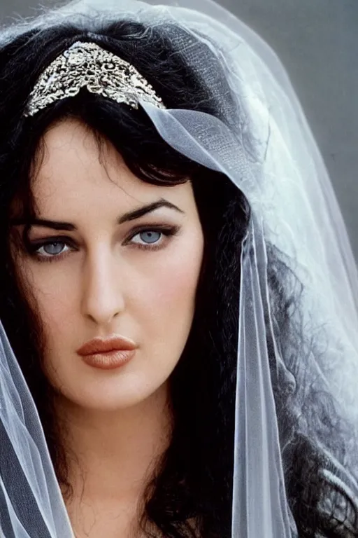 Image similar to young arab Monica Bellucci, blue eyes, long wavy black hair, white veil, closeup, focus