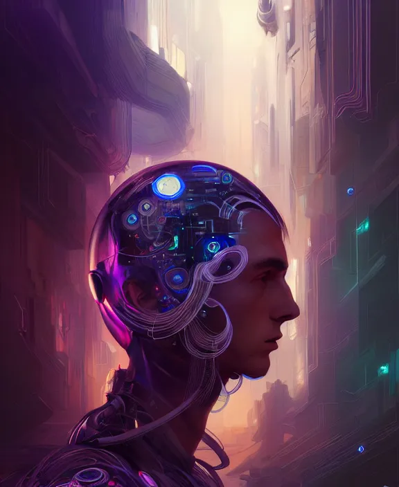 Image similar to a whirlwind inside the metaverse, guy, male, man, hologram, half body, neurochip, android, cyborg, cyberpunk face, by loish, d & d, fantasy, intricate, elegant, highly detailed, colorful, digital painting, artstation, concept art, art by artgerm and greg rutkowski and alphonse mucha