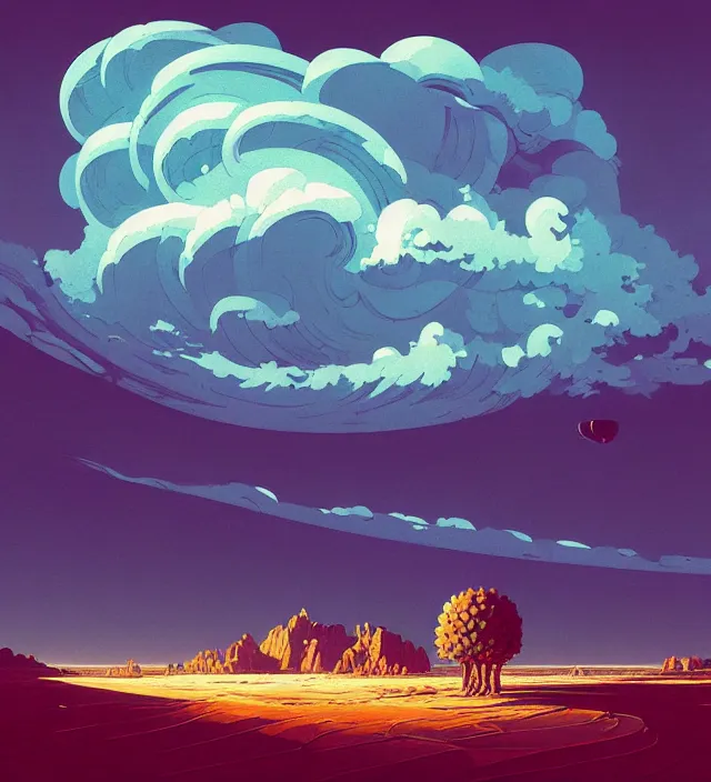 Image similar to a 🌊 swirling in the sky above a barren 🏜 by ivan shishkin and zacharias aagaard and simon stalenhag and dan mumford, chiaroscuro, hyper detailed, high saturation, retrowave, minimalism