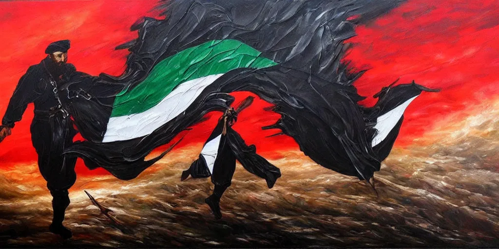 Image similar to dramatic epic dark oil painting of freedom for palestine, red green white black