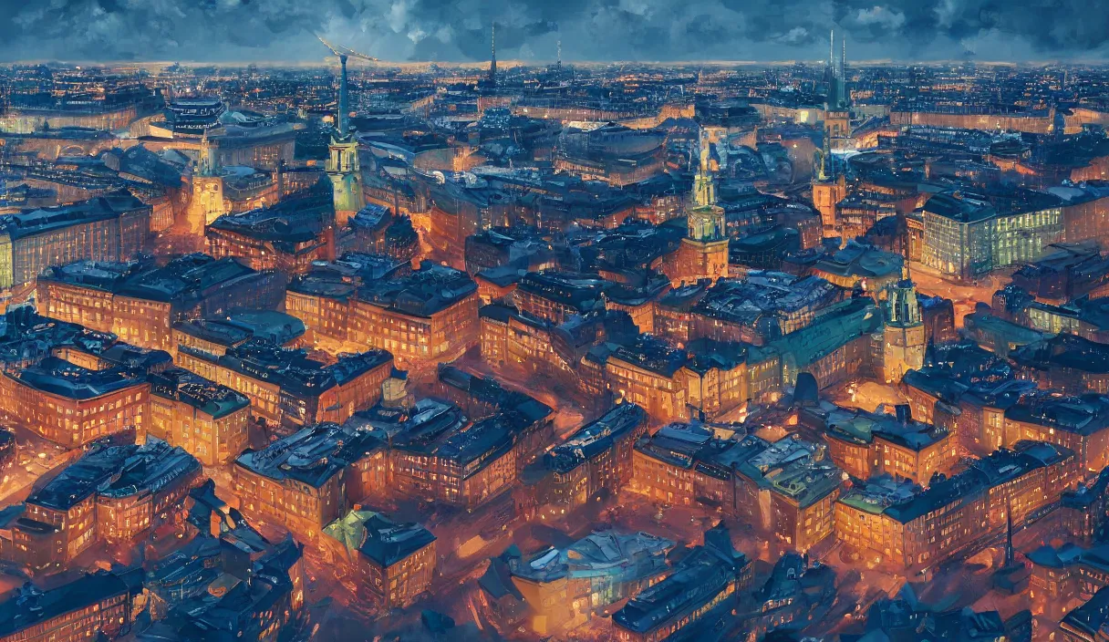 Image similar to a beautiful painting of a stockholm city sweden, cinematic angle, studio lighting, movie concept, trending on artstation, octane render, 8 k, ultra high detail