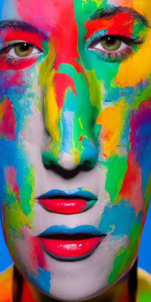 Image similar to thick technicolor paint oozes over the face of robot