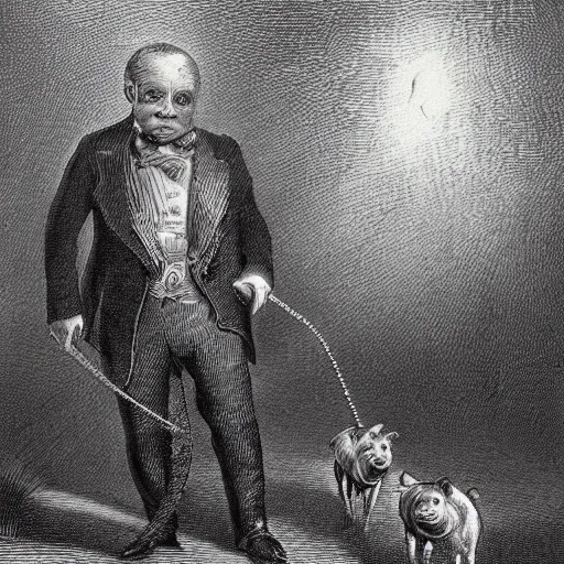 Prompt: a gentleman pig in a tuxedo, leading wild dogs on a leash, creepy, chiaroscuro, dark night, illustration by Gustave Doré,