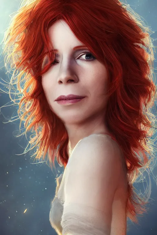 Prompt: portrait of a beautiful redhead woman, mylene farmer, flowy hair, cinematic lighting, highly detailed, digital painting, trending on artstation, pixiv, concept art, sharp focus, illustration, hyper detailed digital matte painting, concept art, cinema 4 d, 8 k resolution, trending on artstation, behance hd