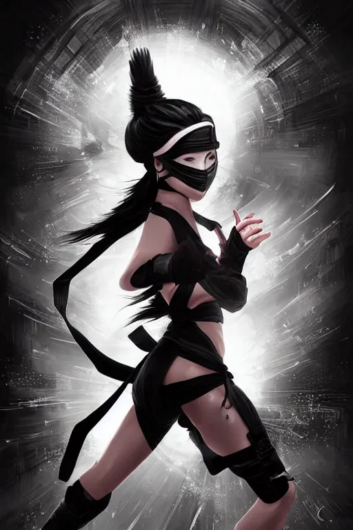 Image similar to beautiful Mask Of Ninja, mystery and gorgerous and black magic and stunning young female ninja, reference Ninja Gaiden from action video games by Tecmo portrait+smoky eyes+light flowing hair, ssci-fi, fantasy, in mudra and firefly night ruin tokyo temple, ultradetail face, art and illustration by tian zi and craig mullins and WLOP and alphonse mucha, dynamic light, human anatomy, intricate complexity, fantasy world concept, watermark, blurry, hyperrealism 8k