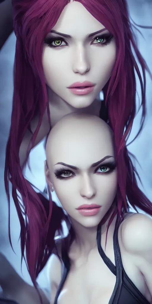 Image similar to Katarina from League of Legends, photorealistic studio portrait, studio lighting, unreal engine 5, hyperrealistic, dynamic lighting, white ambient background, realistic, highly detailed