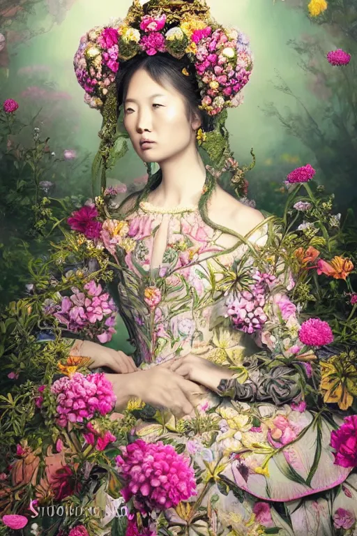 Image similar to a beautiful portrait of an empress in her garden, with a brilliant, impossible striking big flower headpiece, clothes entirely made out of flowers, symmetrical, closeup, dramatic studio lighting, rococo, baroque, jewels, asian, hyperrealism, D&D, fantasy, intricate, elegant, highly detailed, digital painting, artstation, octane render, 8k, concept art, matte, sharp focus, illustration, art by Artgerm and Greg Rutkowski and Alphonse Mucha