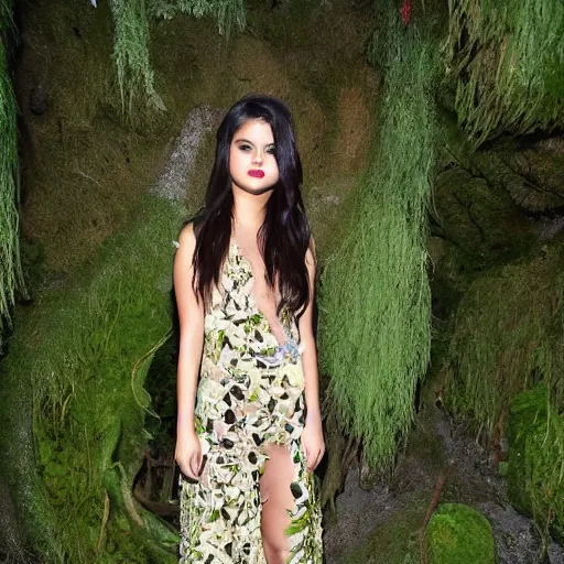 Prompt: selena gomez as a forest dryad wearing floral 2 0 1 4 valentino ss resort in a mystical jungle, high - tech atlantean scifi ruins covered in moss