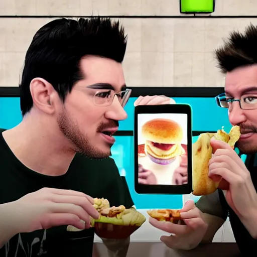Prompt: Jacksepticeye eating in McDonald's with Markiplier, shot on iphone, photorealistic, realistic lighting,