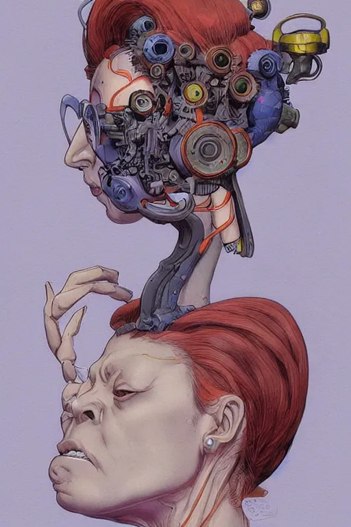 Image similar to zoom out portrait of mad lady scientist, stylized illustration by katsuhiro otomo, brom, moebius concept art, anime, colorful comics style,