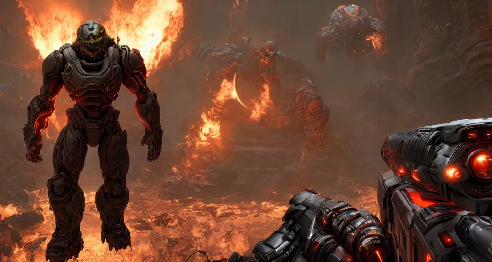 Image similar to gameplay of doom eternal, shooting a demon monster, ambient lighting, concept art, intricate, hyper detailed, smooth, action, volumetric lighting, 3 d render, unreal, octane