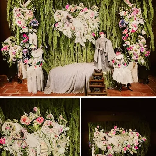 Image similar to A fantasy historical 1900s Russian and Japanese mix taken of a royal wedding floral covered venue inspired by a enchanted ethereal forest.