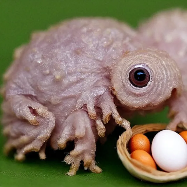 Image similar to a very cute tiny baby tardigrade with huge eyes emerging from a chicken - egg as he breaks through the shell and peaks out for the first time, awww it's a perfect baby tardigrade, how cute?