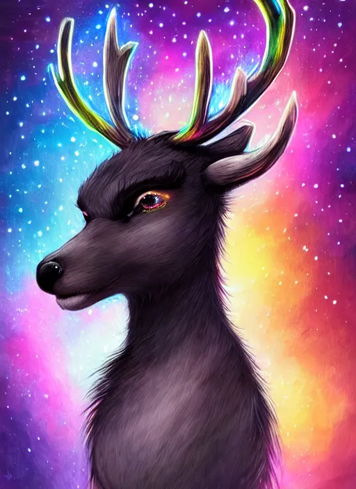 Image similar to award winning beautiful portrait commission of a male furry anthro Black Reindeer fursona with a tail, wings and a cute beautiful attractive detailed furry face wearing stylish black and rainbow galaxy clothes in a outerspace city at night while it rains. Character design by charlie bowater, ross tran, artgerm, and makoto shinkai, detailed, inked, western comic book art