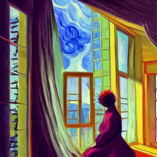 Image similar to giant flower under head, woman next to modern windows, luxury apartment, surreal photography, dramatic light, impressionist painting, digital painting, artstation, van gogh