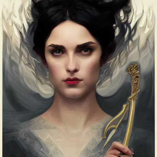 Image similar to portrait, woman with black hair called the lady of ash wielding a sword, elegant, digital illustration, fire magic, detailed, intricate, sharp focus, digital painting, deep focus, digital painting, artstation, concept art, matte, art by artgerm and greg rutkowski and alphonse mucha
