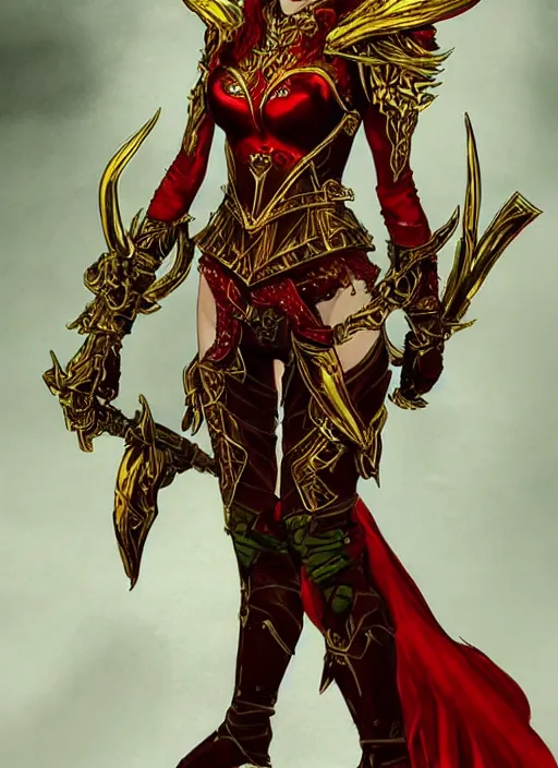 Image similar to Full body portrait of a handsome young red haired elven princess warrior wearing red, green and gold ornate leather armour and golden tiara. In style of Yoji Shinkawa and Hyung-tae Kim, trending on ArtStation, dark fantasy, great composition, concept art, highly detailed.