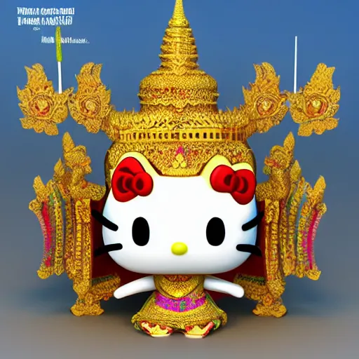 Image similar to Hello Kitty wearing traditional Cambodian ceremonial dress, with a 9 headed Khmer dragon headdress, 3d, very colorful, 8k,