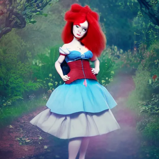 Image similar to doll style red head queen, full body, alice in wonderland theme, disney inspired fantasy background, octane render, cinematic lighting, unreal engine, 8 k, ultra hd, realistic face