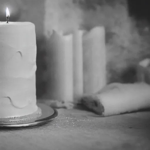 Image similar to Birthday white cake with burning candles in a empty abandoned pitch black jail cell - vintage grayscale camera, film grain, compressed jpeg