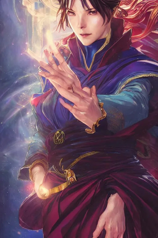 Image similar to anime key visual of a beautiful young female doctor strange, marvel comics, spells, magic, intricate, magical village, stunning, highly detailed, digital painting, artstation, smooth, hard focus, illustration, art by artgerm and greg rutkowski and alphonse mucha