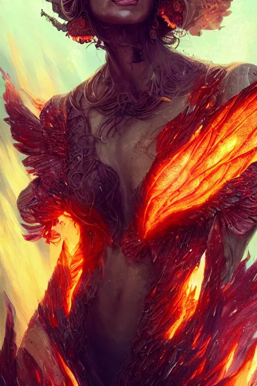 Prompt: torso closeup model wearing exploding glass fire lava feather dress, sorcerer, diamonds, angel, fantasy, dramatic lighting, highly detailed, digital painting, holding electricity, magic the gathering, hyper detailed, 3 d render, hyper realistic detailed portrait, peter mohrbacher, wlop, ruan jia