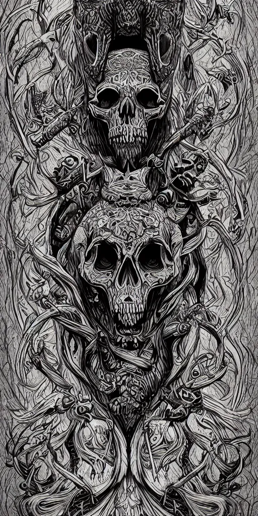 Image similar to A totem with a skull and an wolf, lovecraft, ink on paper, coherent, symmetrical, intricate, high detail, digital painting, octane render, 4k, trending on artstation