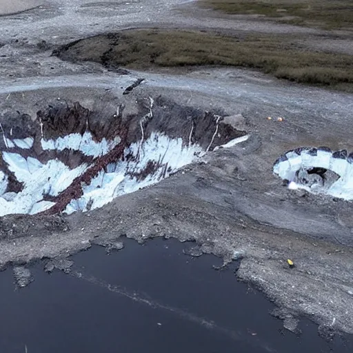 Image similar to helicopter shot of gigantic permafrost sinkhole, collapsing ground, disaster movie