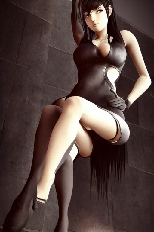 Prompt: tifa lockhart, revealing dress, wolford tights, stilettos, highly detailed, digital art, trending on artstation, trending on pinterest, sharp focus, cinematic lighting, octane render