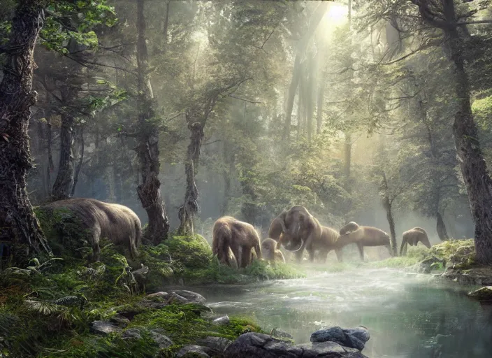 Image similar to hyperrealism, detailed textures, photorealistic, 3 d render, a surreal mystical forest with a bright winding creek with a herd of wooly mammoths grazing, ultra realistic cinematic, intricate, cinematic light, concept art, illustration, art station, unreal engine