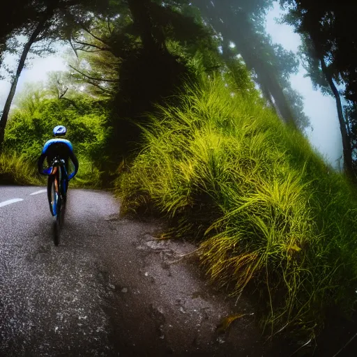 Image similar to a scene from a fever dream, Bicycling on a rocky path, Rider's POV, point of view, GoPro camera, entering the scary murky ocean, Fog. Ultrarealistic 25mm f/1.7 ASPH Lens