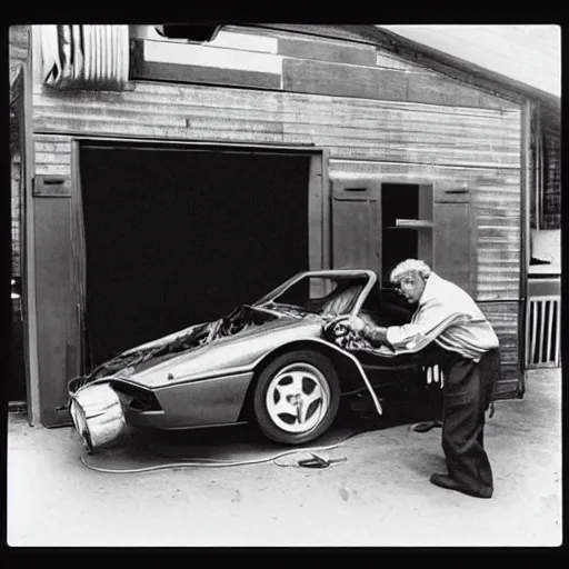 Image similar to “Einstein fixing a ferrari in his garage, 35mm photograph”