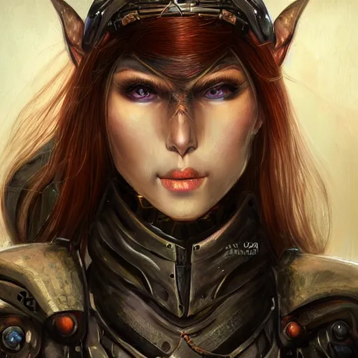 Image similar to portrait of a female elf orc by ayami kojima, she is about 2 0 years old, american pretty, copper hair, annoying but friendly, she is wearing a modern tactical gear, scifi, highly detailed portrait, digital painting, artstation, concept art, smooth, sharp foccus ilustration, artstation hq