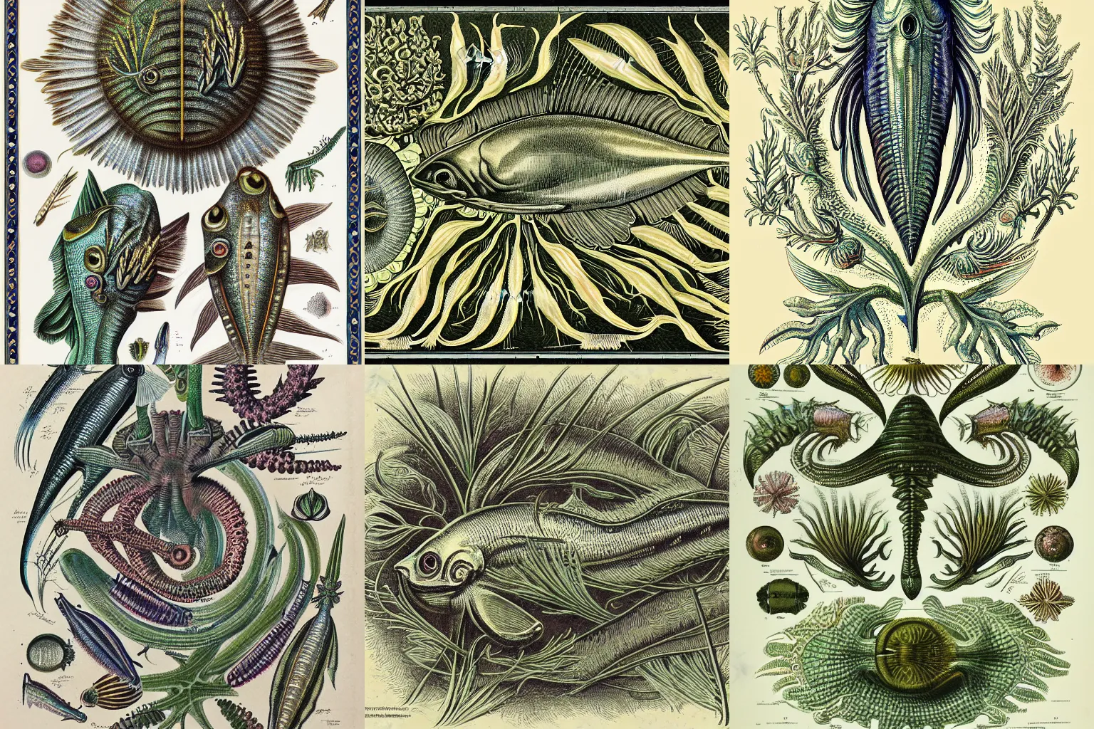Prompt: alien fish vintage scientific botanical illustration style, made by Ernst Haeckel in victorian england style