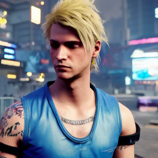 Prompt: an in-game screenshot of blonde hair blue eyed boy in Cyberpunk 2077