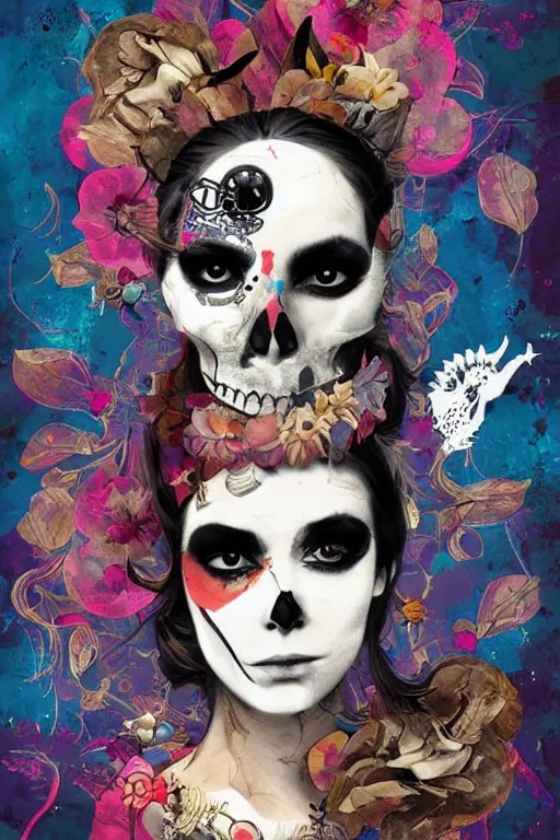 Prompt: Moon Goddess, contemporary, collage, minimalista style, digital painting, 4k, HDR, moon, skull, punk, steampunk, fashion, soft, vintage sharp focus, art by Sandra Chevrier, John Hoyland, teamLab