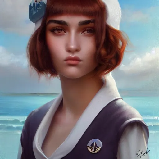 Prompt: tom bagshaw, very beautiful mix of madison beer and bella poarch in a sailor suit flirting smile, randomly lustrous dyed hair, professionally retouched, focus eyes, ultra realistic soft painting, insanely detailed linework, symmetrical accurate intricate features, behance artstation, 8 k, - signature