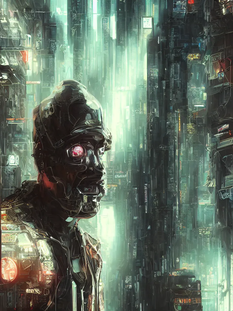 Prompt: portrait of a stranger lost in a hall of a cyberpunk megacomplex; portrait painting of a cyborg, symmetrical face and eyes; hyperrealistic, 4K wallpaper, highly detailed and beautiful