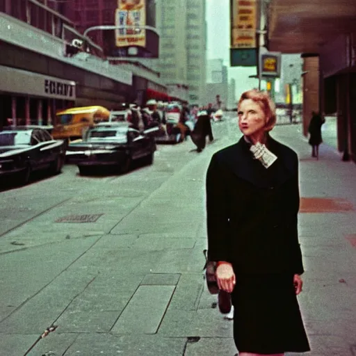 Image similar to street photography portrait of a woman in a suit in the streets of new york, 1 9 6 0 s, photo taken with ektachrome, featured on flickr, photographed on damaged film