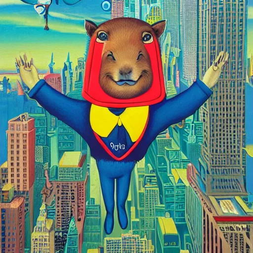 Image similar to a detailed painting of an adorable capybara superhero flying above new york by casey weldon, new contemporary art, colorful