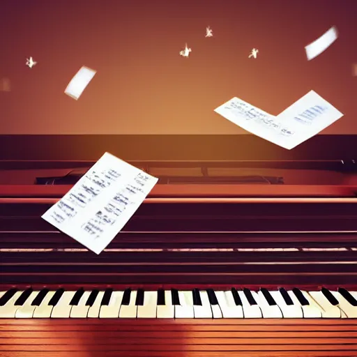 Image similar to a realistic detailed card floating in the air, light particles, piano floating in the sky, light around the piano, shadow of a man playing piano, detailed body, cinematic photo, realistic, detailed